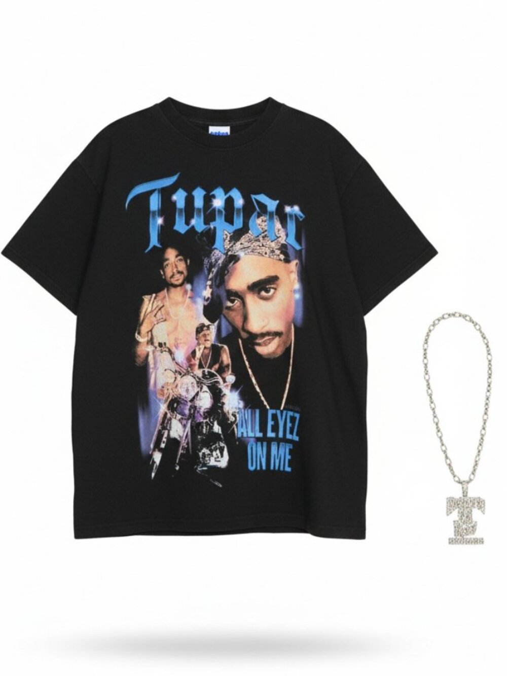 Tupac Black T-Shirt All Eyez on Me with a "Deathrow Records" Faux Chain